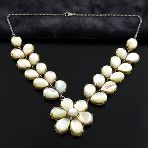 Fashionable Geometric Mother of Pearl Silver <b>Statement</b> <b>Necklace</b> with Link Chain - Product Image 1