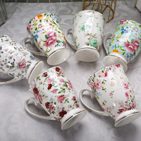 Tasses à café en porcelaine fine de style nordique HiXin, motif floral exquis, bordure dorée, poignée ergonomique, cadeau créatif personnalisé pour la maison