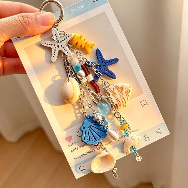 Blue Acrylic Starfish & Scallop Ocean Shell-Themed Pendant Key Ring Phone Strap & Bag Charm Unisex Island Vibe