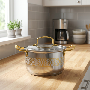 Casserole en acier inoxydable avec motif doré et couvercle en verre, design moderne et luxueux, durable, pour cuisinière à gaz et à induction - Product Image 4