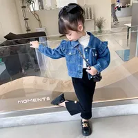Veste en jean pour filles, style LTH, nouvelle collection, bouton perlé mignon, épaules plissées, décontractée