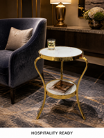 Table d'appoint élégante à deux niveaux en verre décoratif avec cadre en fer courbé doré pour salon, hôtel, OEM