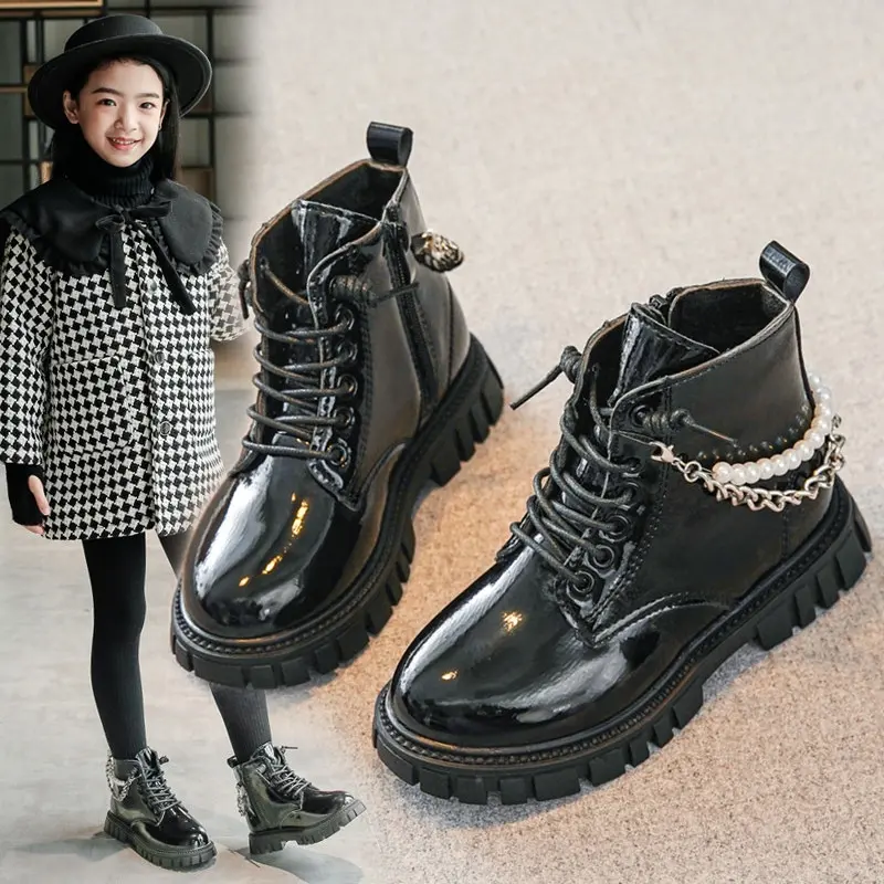 Newest Baby Girl Fashion Pearl Chain Decoration Boots Children Ankle Boots Baby Girl Platform Chunky Heel Shiny Trendy Booties