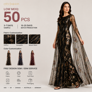 Abito Lungo da Sera <span class=keywords><strong>Nero</strong></span> e Oro con <span class=keywords><strong>Paillettes</strong></span>, <span class=keywords><strong>Maniche</strong></span> <span class=keywords><strong>Lunghe</strong></span> Trasparenti Ricamate Floreali e Pannelli Sovrapposti Fluido - Product Image 1