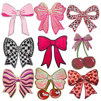 Patchs à paillettes en gros à repasser, accessoires vestimentaires pour femmes, grand nœud papillon rose, patchs en chenille cerise pour femmes, t-shirt, cadeau