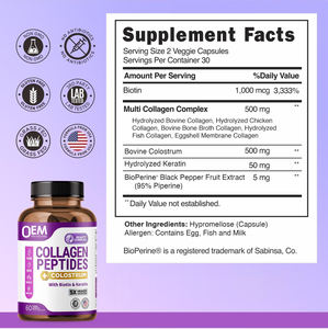 Oem פפטידים קולגן קפסולות עם <span class=keywords><strong>colostrum</strong></span>, ביוטין ו קרטין סוג i, ii, iii, v, x לעור שיער וויטמינים - Product Image 2