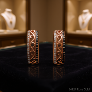 Eleganti orecchini a cerchio in oro rosa con zirconi rotondi incastonati a canale, gioielli classici da donna alla moda E4224 - Product Image 2