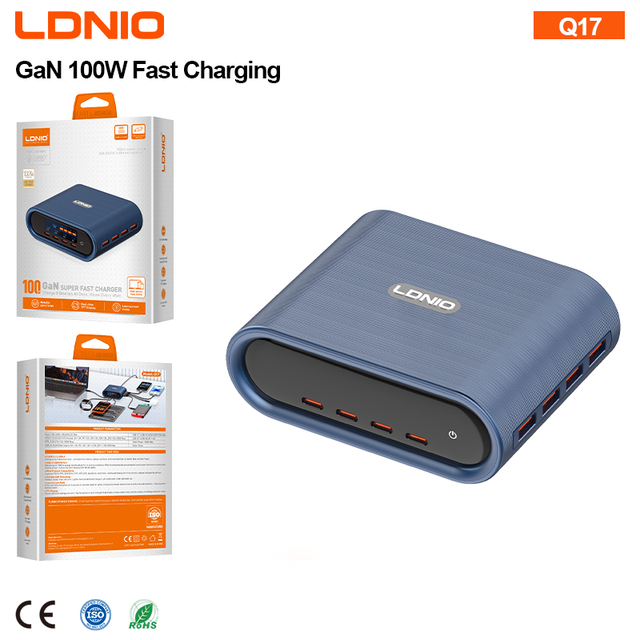 LDNIO Q17 Wholesale Price 100W GaN Charger 4USB 4Type-C Desktop Power Adapter Wide Voltage US UK EU Plug Multi-Device Charger
