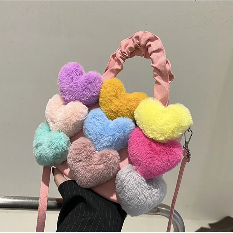 Latest Design Tote Bag Soft Heart Rainbow Color Cute Ladies Fur Furry Fluffy Bag Women Handbags