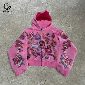 Sweat à capuche surdimensionné personnalisé avec fermeture éclair intégrale, en molleton épais, imprimé graphique intégral motif Saint, style streetwear, OEM ODM Marque Privée - Product Image 1
