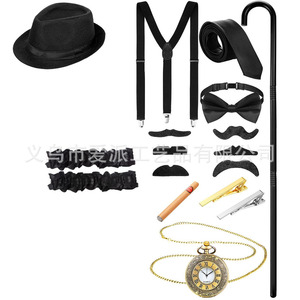 Conjunto de disfraz elegante para hombre con sombrero, corbata, cigarro, reloj de bolsillo, bastón, tirantes, pajarita, bigote y accesorios para fiesta - Product Image 2