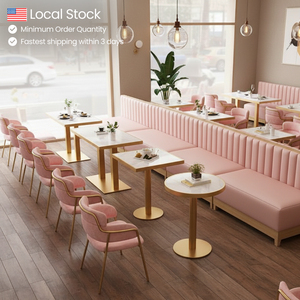 Juego de Muebles de Restaurante Modernos con Sillas <span class=keywords><strong>y</strong></span> Mesas de Terciopelo Rosa de Lujo con Base Dorada para Cafetería, Panadería <span class=keywords><strong>y</strong></span> Comedor - Product Image 1