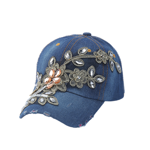 Damen Diamant besetzt Gold Wire Flower Denim Baseball Cap Modische Outdoor Sonnenschutz und Sonnenschutz Duckbill Cap - Product Image 4