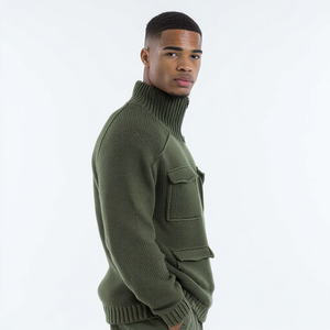 Olive Green Turtleneck Sweater Men Chest Pocket Detail Military Style Ribbed Knit <strong>Pullover</strong> - Product Image 3