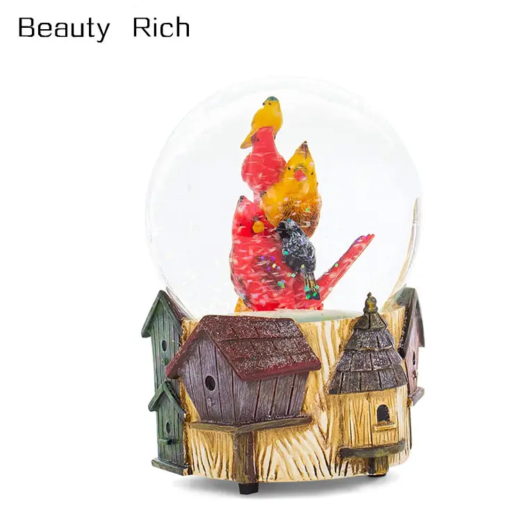Distressed Brown Birdhouse Cardinal Wind Up 5.5 x 4 Resin Decorative Snow Globe