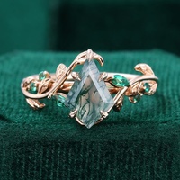 Ensemble de bagues de mariée en agate mousse taillée en cerf-volant, ensemble de bagues en argent avec design de feuille en CZ émeraude pour femmes