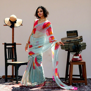 Sari indio de lino y algodón de Bollywood con hermoso estampado digital hecho a mano, elegante para bodas y fiestas, para mujer. - Product Image 1