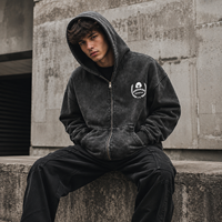 Hoodie Zipper Berkualitas Tinggi Custom Acid Wash, Berat 380GSM, OEM, MOQ Rendah, Ukuran Besar, Model Kotak, Gaya Vintage, Cocok untuk Gym