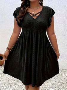 Robe décontractée en mousseline unie pour femme, longueur genou, coupe trapèze, avec dentelle, taille naturelle, idéale pour l'été - Product Image 6