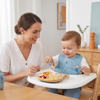 Ensemble d'assiettes divisées en bambou en forme d'éléphant pour tout-petits avec cuillère et fourchette, base d'aspiration en silicone, bavoir d'alimentation en silicone assorti pour enfants
