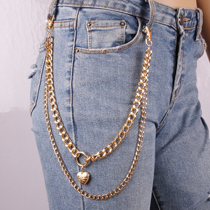 Cadena de cintura de doble capa con forma de corazón, de aleación de zinc dorada, cadena corporal de moda para mujer, para uso diario, estilo punk hip hop, cadena para pantalones. - Product Image 1