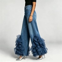 Nouveau Jean Large en Denim Coton à Volants en Organza et Fleurs 3D, Taille Haute, Style Streetwear, Bleu Sculptural, Collection Été 2026 – Vente en Gros