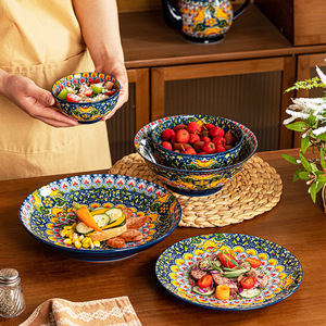 Service de table en céramique 6 pièces style bohème rétro de luxe léger – Bol à riz, grande assiette, pot ethnique Feng Shui, saladier – Cadeau d'affaires - Product Image 2