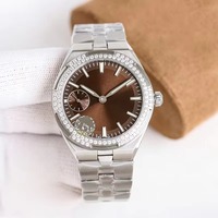 Montre pour homme en édition limitée personnalisée, vente en gros d'usine, boîtier en acier, lunette sertie de diamants, surface marron, bracelet en acier inoxydable, automatique, neuve