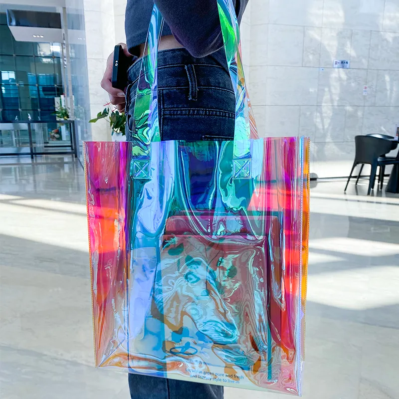 도매 판촉 홀로그램 무지개 빛깔의 선물 가방 사용자 정의 색상 패션 레이저 투명 젤리 토트 쇼핑 Pvc 가방