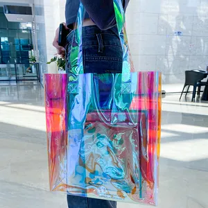 Atacado Promocional Holográfico Iridescente saco do presente Cor Personalizada Moda Laser Transparente Jelly Tote Shopping Pvc Bag