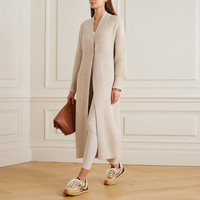 Cardigan long élégant beige pour femme, en maille côtelée verticale, ouvert sur le devant, pull ample et confortable pour l'hiver