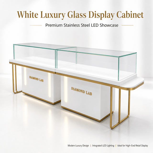 White Glass Stainless Steel LED Jewelry Display Cabinet Luxury Showcase Counter Heavy Duty Custom Retail Furniture for Boutique