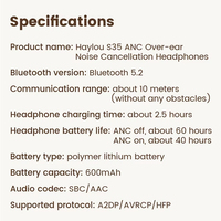 Nuevos Audífonos Haylou S35 ANC 42dB con Audio de Alta Resolución de 40mm, BT 5.2, 60h de Batería, Llamadas de Voz HD, Estéreo Inalámbrico Verdadero para Música y Gaming