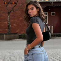 Vente en gros de hauts courts slim personnalisés pour femmes, couleur unie, t-shirt pour femmes avec col rond, vêtements streetwear pour femmes, fabricant