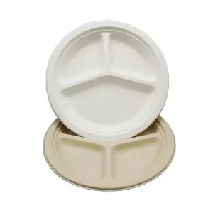 Hot Sale 2024 Ecofriendly Disposable Home Dinner Round 3 Compartment Sugarcane Bagasse Pulp Plate