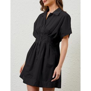 Vestido Camisero Plisado con Botones para Mujer, Manga Corta, Negro, Control de Abdomen, Prenda Moldeadora, Uso Diario, Vestido Casual - Product Image 6