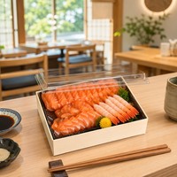 Boîte en bois pliable haut de gamme, gain de place, avec couvercle transparent, plateau à sushi et sashimi plat, conteneur alimentaire écologique pour la restauration
