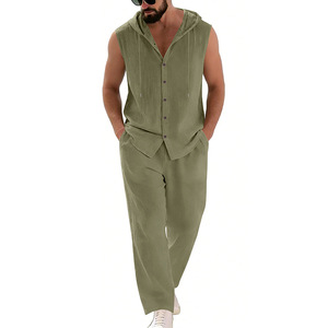 Ensemble d'été décontracté pour <span class=keywords><strong>homme</strong></span> en fibre <span class=keywords><strong>de</strong></span> bambou, coupe ample, uni, avec chemise sans manches à capuche ornée <span class=keywords><strong>de</strong></span> strass et pantalon droit, pour les vacances - Product Image 4