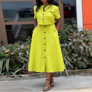 Ensemble de vêtements pour femmes, haut court à manches courtes boutonné de couleur bonbon, jupe en deux pièces, tendance - Product Image 3