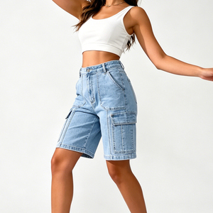 Shorts en jean <span class=keywords><strong>cargo</strong></span> taille haute pour femmes, coupe ample et large, longueur genou, style utilitaire, extensibles, vente en gros - Product Image 3