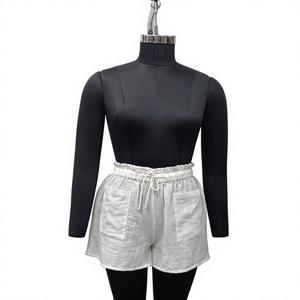 Shorts en lin taille haute pour femme avec cordon de serrage et poches, coupe décontractée, style estival, couleur unie blanche, tissu tissé - Product Image 1