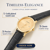 Montre-bracelet classique rétro de luxe à quartz avec calendrier, boîtier plaqué or, bracelet en cuir souple, cadran à aiguilles, cadeau idéal pour le bureau quotidien ou pour couple