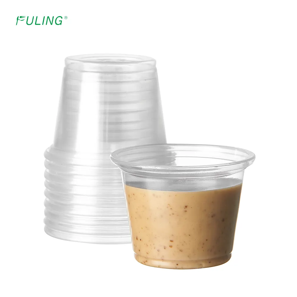 Tazas de soufflé desechables de fábrica FULING, taza de salsa de inmersión de plástico de 1oz con tapa