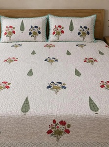 100% Hand Block Printed Cotton Quilt <b>Set</b> Floral Quilted Bedcover with Pillow Covers Lightweight King Boho <b>Comforter</b> - Product Image 4
