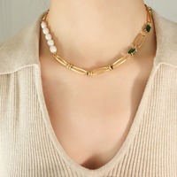 Gentle Temperament Retro Emerald Zircon Fresh Water Pearl Link Chain Necklace Set Link Chain Pearl Zircon Necklace Bracelet Set
