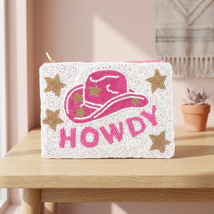 Porte-monnaie carré brodé en coton rose vif avec perles, style cowgirl, pour usage quotidien - Product Image 1