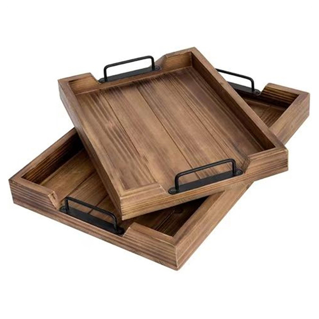 Custom Vintage Rustic Breakfast Food Wooden Tray Cheap Price Wooden Serving Trays With Iron Handles