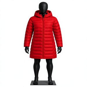 Abrigo Largo Acolchado Rojo para Mujer con Capucha, Cierre de Cremallera, Chaqueta de Invierno Cortavientos, Manga Larga, Relleno de Poliéster - Product Image 1