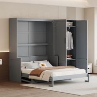 Lit mural moderne gris en métal, taille Queen, avec placard intégré et rangement pour armoire