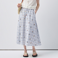Jupe midi pour femme VEGA CHANG, personnalisée, à carreaux vichy, brodée de fleurs, avec taille haute élastique et silhouette fluide